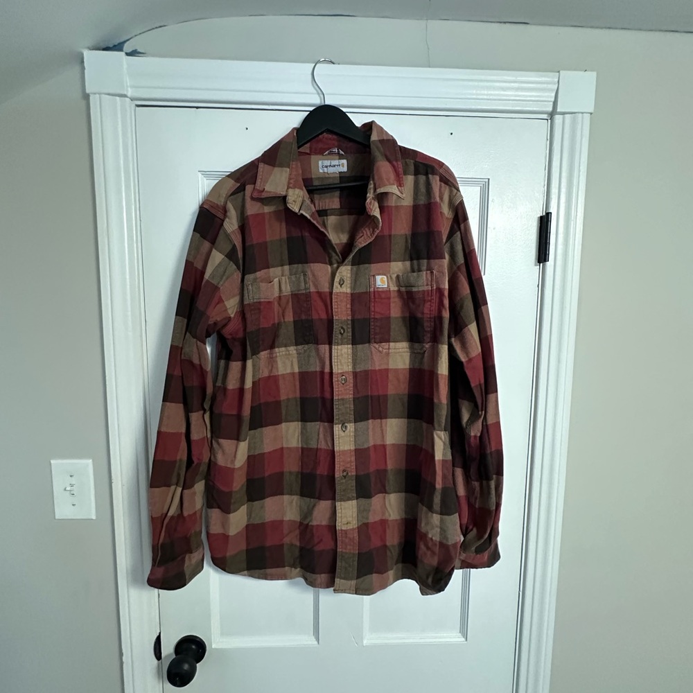 Carhartt Men's Casual Button Down Shirt - Red and Brown Plaid